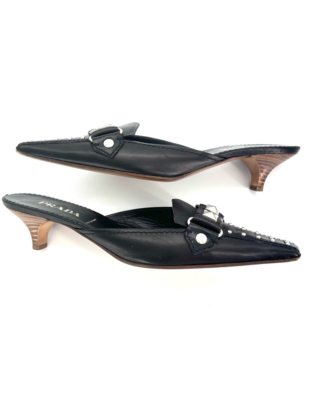 Prada Black Leather Studded Pointed Toe Kitten Heel Mules Pumps 37 - Picture 5 of 8